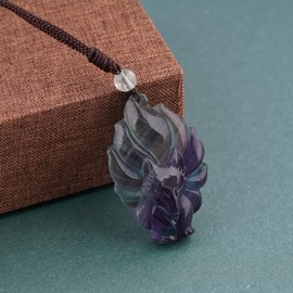 TIKCAUZ Fox Necklace Fluorite Crystal Nine-tailed Fox Amulet Pendant with Adjustable Rope Lucky Fox Necklace Jewelry Gift for Men Women