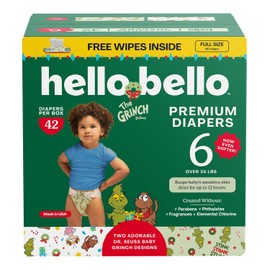 Hello Bello Dr. Seuss Baby Grinch Premium Diapers, Size 6 (35+ lbs), 42ct Plus Bonus Wipes: Softness & Protection for Sensitive Skin