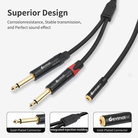 Devinal 3.5mm to Dual 1/4 Y Splitter Cable, 1/8" Female TRS to Dual 6.35mm TS Male Adapter, Female Mini Jack Stereo to 2 Quarter inch Mono Converter 1 feet