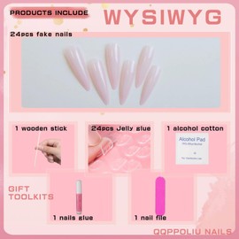 QQPPOLIU Press on Nails Long Length Stiletto Shape Glue on Nails Baby Pink Artificial Fake Nails Cute Nails Press on 24Pcs