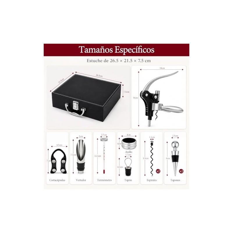 Set Abridor de Vino con 10 Accesorios, Caja Negra, Sacacorchos