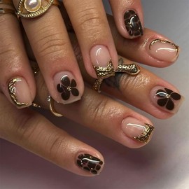 SINHOT Square Press on Nails Short - Leopard Print Fake Nails Glossy Glue on Nails 3D Gold Chrome Nails Brown Flower Squoval Artificial Nails Stick on False Nails with Design DIY 24 pcs