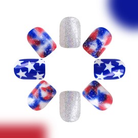 4th of July Press on Nails Short Square Fake Nails with Glitter Star Designs Red White Blue Nails Press ons Glossy Glue on Nails Independence Day False Nails Acrylic Stick on Nails for Women 24Pcs