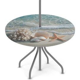 LOMBARDIDEN Round Fitted Tablecloth with Umbrella Hole Zipper - Summer Starfish Outdoor Table Cover with Elastic Edge - Waterproof Wipeable Table Cloth for Patio Picnic Party - 36"- 44"