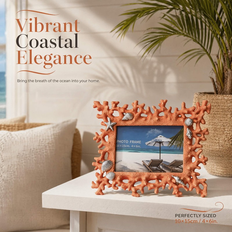 4x6 Coral Shell Picture Frame, Orange Resin Beach Decor