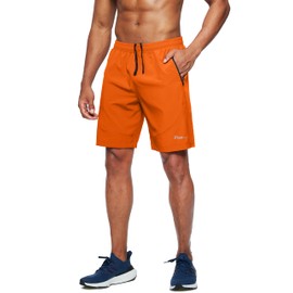 Pudolla - Pantalones cortos de entrenamiento para hombre, ligeros, para gimnasio, atléticos, con bolsillos con cierre, Naranja, Medium
