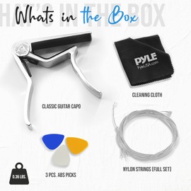 Pyle Electric Guitar Accessory Kit - Steel Strings, Full Set of Replacement, 3 pcs ABS Picks, Cleaning Cloth & Metal Capo