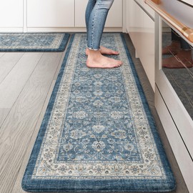 KIMODE Anti Fatigue Kitchen Mats for Floor, Boho Distressed Blue Kitchen Rugs Sets of 2, Padded Kitchen Floor Mats Non Slip, Cushioned Standing Mats for Sink, Laundry, Desk 17"x59"+17"x29"