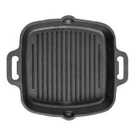 Highkind Pre-Seasoned Cast Iron Grill Pan (10.5 Inches) Square Grill Frying Pan with Short Double Handle
