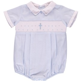 Baby Boy Hand Smocked Christening/Baptism Blue Cross Romper - White Collar