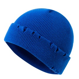 Gvatasz Frayed Knit Beanie Unisex Roll-up Edge Swag Fisherman Ski Hats Trawler Toboggan Cap Distressed Harbour Hat,Blue