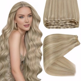 Sunny Hair Weft Hair Extensions Human Hair Sew in Hair Extensions Human Hair Straight Hair Extensions for Women Real Human Hair 18inch Dark Ash Blonde Highlights Golden Blonde