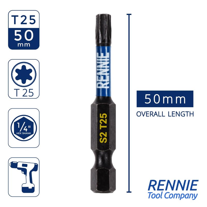 5 x Rennie Tools 50mm Long T25 TX25 Impact Screwdriver