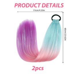 2 PCS Rainbow Hair Braids for Kids and Adults, 24 Inch Mermaid Hair with Glitter Strands, Colorful Hair Extensions for Girls, Party, Cosplay and DIY Hairstyles