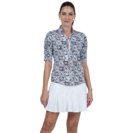 IBKUL Athleisure Wear Sun Protective UPF 50+ Icefil Cooling Kathy Print Ruched Elbow Length Sleeve Top – 41871 Black/Grey Kathy S