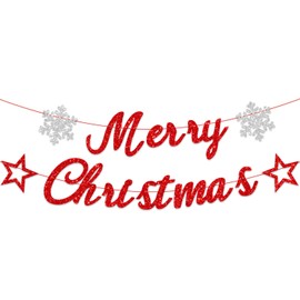 Elicola Red Glitter Merry Christmas Banner Christmas Banner with Snowflakes Stars Flag for Garland Christmas Decorations Festival Celebration Indoors Outdoors Hanging String Flag