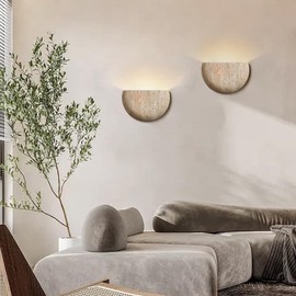 WOSBO Yellow Travertine Wall Sconce, 7.87" Wabi Sabi Light Fixture with Half Moon Natural Stone Lampshade Japanese Style Marble Wall Sconce Perfect for Kitchen Island Bedroom Living Room Farmhouse