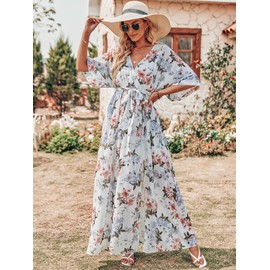 ANRABESS ANRABESS Women's Summer Loose Boho Flowy Wrap V Neck 3/4 Sleeve Floral Print Slit Beach Wedding Guest Long Maxi Dresses White Flor Small