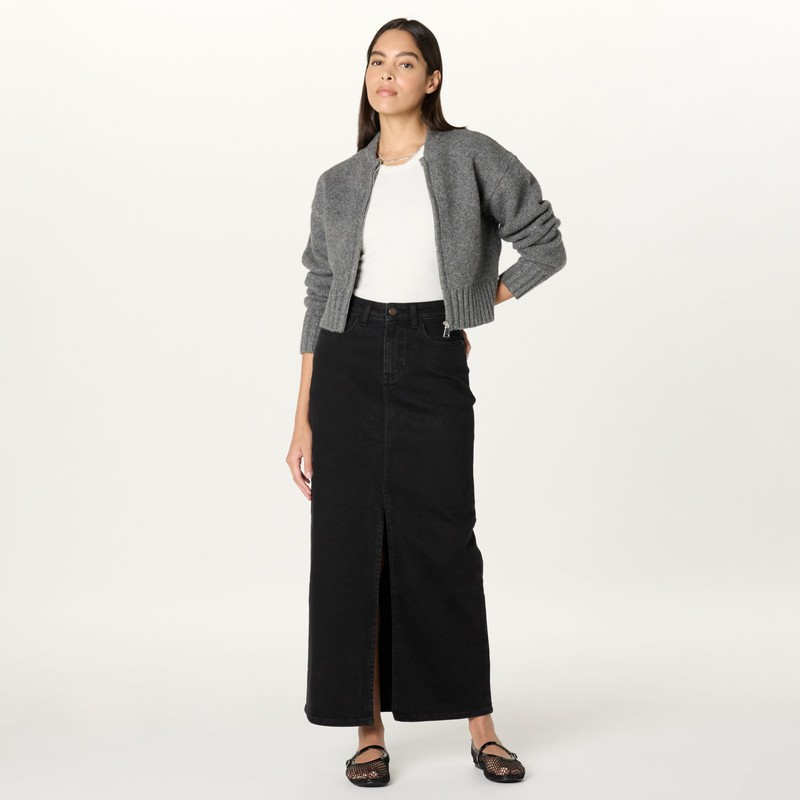 The Drop Rylie Maxi Denim Skirt with Front Slit Skirt,