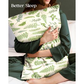 Miss Adola 2 Pack Mulberry Silk Pillowcase - Standard Size 20x26 Inch Pillow Case with Hidden Zipper for Women Lady Smooth Soft Breathable Cute Design Pillowcase for Hair and Skin, Green Leaf