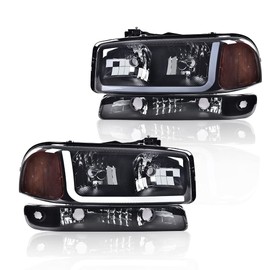 ANDPLAY LED DRL Headlight Assembly Headlamp,Compatible with 1999-2007 GMC Sierra 1500/2001-2007 GMC Sierra 1500 HD bumper Headlamp,Smoky lens Black Housing Amber Reflector