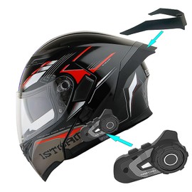 1Storm Motorcycle Modular Full Face Flip up Dual Visor Helmet + Spoiler Bundle with Freedconn Motorcycle Bluetooth Headset: HB89 Storm Red