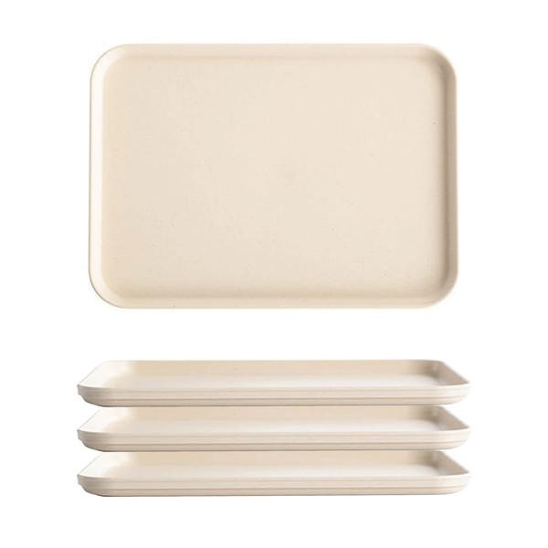 GNCLOUD 4 Pcs Serving Tray, Kitchen Trays, Rectangular Plastic Tray for Serving Drinks, Snacks, Tea or Coffee (Beige)