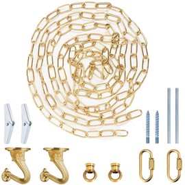 Omytie 15 Ft Heavy Duty Hanging Chain Kit with Connection Locks & Swag Ceiling Hooks for Lighting Fixture, Chandelier, Pendant, Lantern, Swag Lamp, Plant/Flower/Fruit Basket, Bird Feeder (Brass)