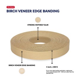 Birch Wood Veneer Edge Banding 1 inch x 100 ft Pre Glued Adhesive Edging Trim Tape Iron On Flexible Strip Roll Laminate Cabinate Countertop Furniture Shelf MDF Board Paintable Molding Easy Trimmer