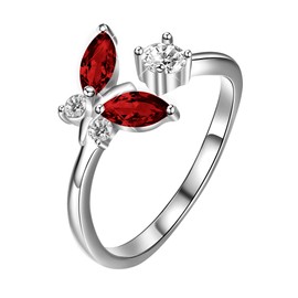 Sterling Silver Butterfly Series Ring with Simulated Ruby Crystals, Anniversary Birthday Jewelry Gifts for Women Girls (Red, 7)