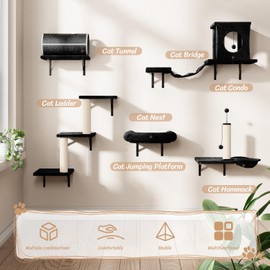 NUNU LAB Wall Mounted Cat Climber Set, 6 Pcs Cat Furniture Set with Cat House, Tunnel, Bridge, Tree, Steps, Scratcher Board and Hammock, Cat Shelves for Indoor, Luxury Cat Walls(Black)