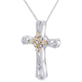 1/10 Carat Round Cut White Natural Diamond Vintage Style Cross Pendant Necklace for Women in Two-Tone 14k White Gold Over Sterling Silver with 18" Silver Chain (0.10 Cttw, Color- I-J, Clarity- I2-I3)