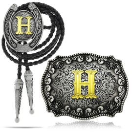 RechicGu 2 Pieces Western Cowboy Belt Buckle Bolo Tie Set Golden Initial Letter ABCJ to Z Rodeo Belt Buckles for Women Men H