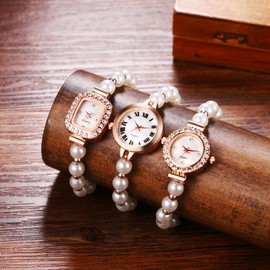 JewelryWe Women's Quartz Analog Round Small Rose Gold Waterproof Stainless Steel Bracelet Wristwatch for Daily Use, Beads - Rose Gold - Set of 3, Vintage