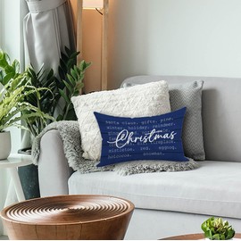 XUISWELL Farmhouse Navy Blue Christmas Pillows Covers 12x20, Blue Christmas Pillows Cover, Farmhouse Navy Blue Christmas Decor Decorations