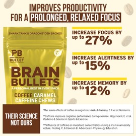 160mg L-Theanine + 80mg Caffeine Chews – Coffee Caramel Flavour, Increases Productivity, Mental Clarity, Alertness | 1 Bag - 40 Servings | Brain Bullet | Energy Gum & Focus Gummy Upgrade