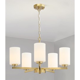 QUENEY 5-Light Brushed Gold Chandeliers for Dining Room Light Fixtures Over Table, Industrial Hanging Lighting with Milk White Glass Lampshade,for Living Room Kitchen Island Entryway Bathroom Bedroom