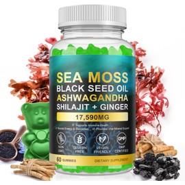 Vceeoy Sea Moss Gummies, SeaMoss Gummy with Black Seed Oil,Ashwagandha,Natural Ingredients Shilajit & Ginger for Men & Women, 17,590mg-60 Gummies
