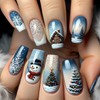 24Pcs Christmas Square Press on Nails Blue Medium Length Fake