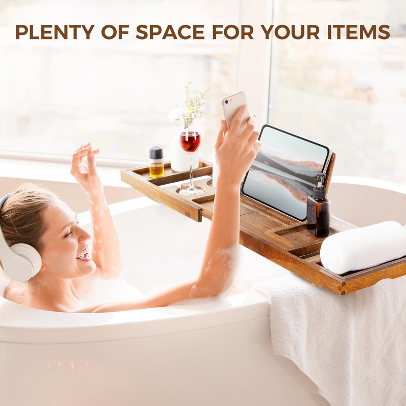 Teak Bathtub Tray - Luxury Bath Tray with Expandable Handles,