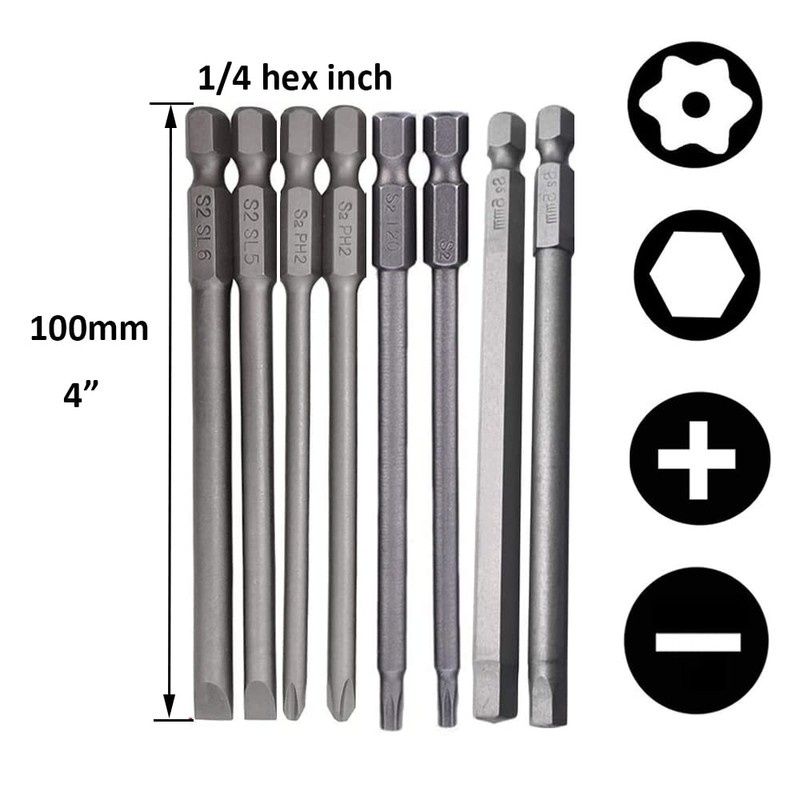 Eyech 16pcs Long Screwdriver Bits Set Cross+Slotted+Torx+Hex Head Screwdriver Bits