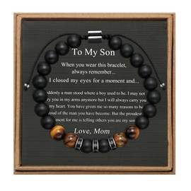 JoycuFF Son Bracelet Gifts from Mom, Birthday Father's Day Thanksgiving Day Christmas Gifts for Son, Adjustable 8mm Mens Tiger Eye Black Matte Agate Bead Bracelets for Him