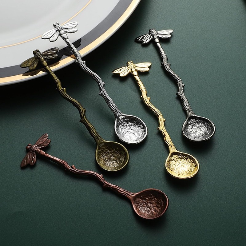 Gold Retro Dragonfly Coffee Spoon Teaspoon Stainless Steel Tableware Creative