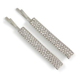 2 Rhodium Plated Clear Crystal Bar Hair Grips/Slides - 60mm