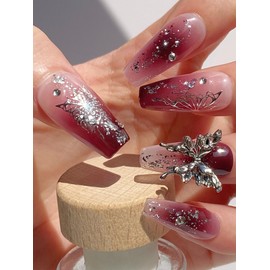 Nails Handmade Press on Nails,Hand-Painted Nails Design by Salon Nail Artist,Reusable Fake Nails with Design DIY Flower Long Stiletto,Artificial Crystal with Box 10 Pcs False Nails (P35C, M)