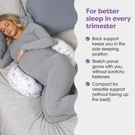 Boppy Side Sleeper Pregnancy Pillow, Gray Falling Leaves, Portable, Supportive Pregnancy Pillows for Sleeping on Your Side, Stay-Put Design with Stretchy Center Panel That Grows with Your Bump