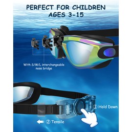 Hurdilen Kids Swim Goggles, Swimming Goggles for Kids Toddlers 3-14 with Swim Cap, Nose Clip, Nose Bridge, Ear Plugs