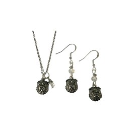 Bulldog Dog Breed Necklace & Earring Set, Bulldog Breed Earrings, with clear crystal accent beads on sterling silver earwires