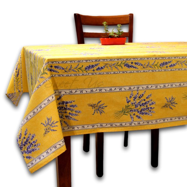 La Cigale Wipeable Tablecloth Spill Resistant Acrylic Coated Floral Cotton French Provencal Tablecloth for Rectangle Tables 60 x 116 in, Yellow Lavender Stripes