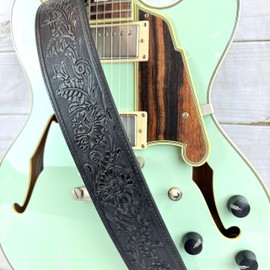 Walker & Williams LIF-02 Distressed Black Handmade Leather Padded Guitar Strap with Western Sheridan Tooling For Acoustic, Electric, And Bass Guitars